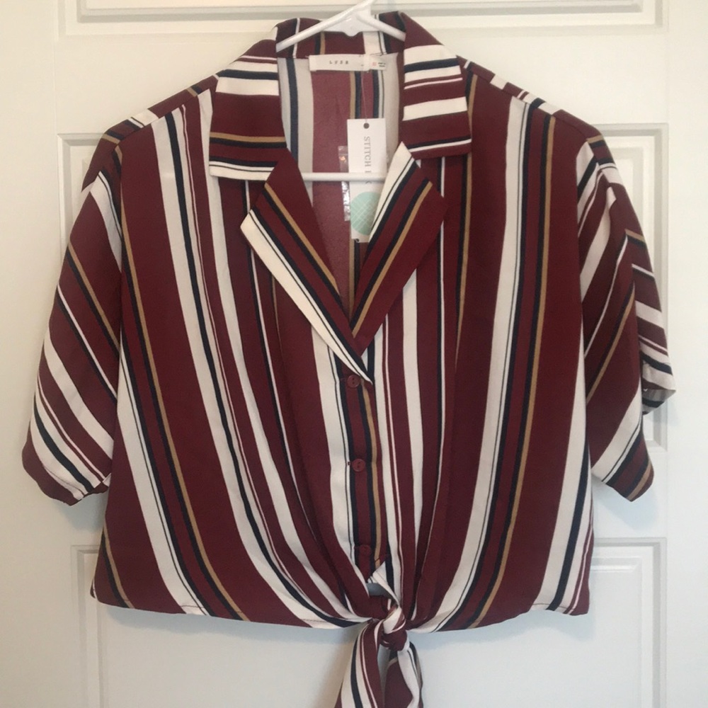 Striped button down tie front blouse NWT